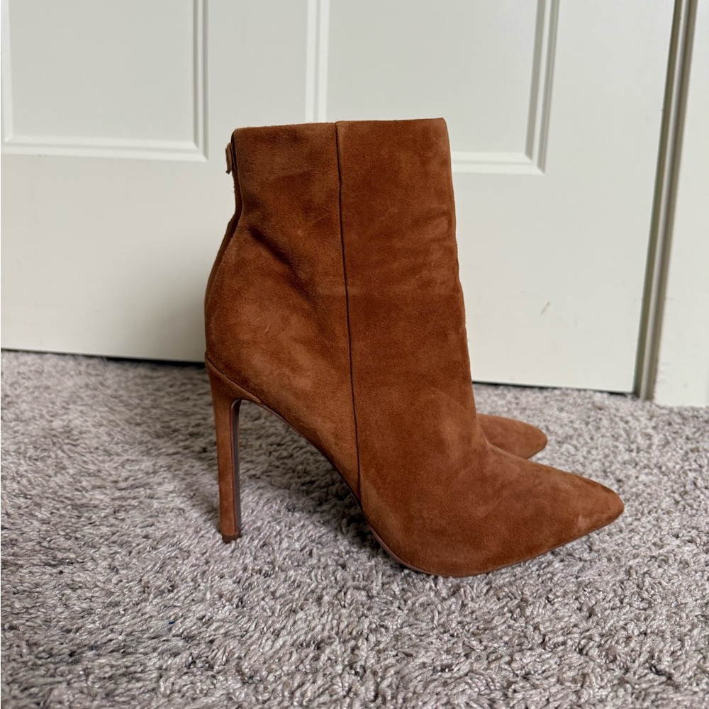 Sam Edelman Women's Wrenley Pointed Toe High Heel Booties in Frontier Brown.